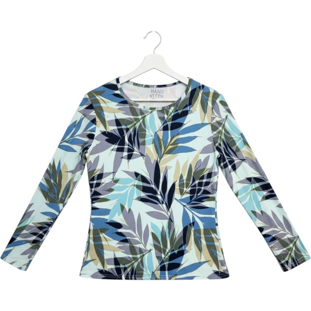 Hang Ten Rash Guard Sun Shirt Womens Medium Blue Tropical Leaf Long Sleeve